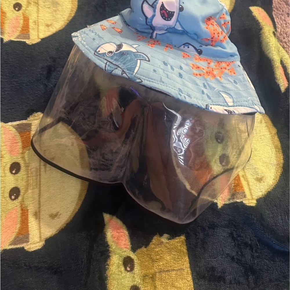 Kids Shark Print Blue Sun Hat with Face Shield